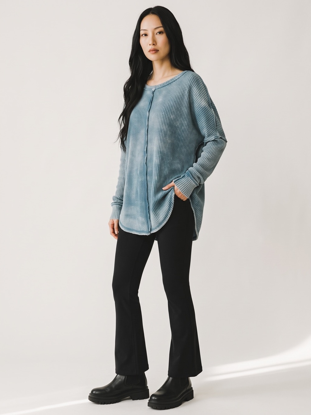 Zenana Outfitters Washed Blue Scoop Neck Knit Sweater